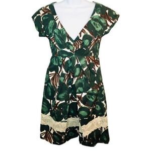 Zara Floral Pleat Front Fit and Flare Lace Bottom Dress Green S